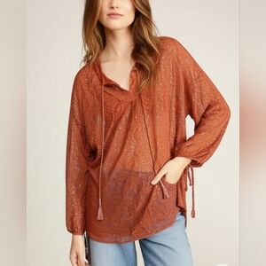 [LANE BRYANT] Sheer Bronze Shimmer Lurex Tie V Neckline Long Sleeve Women